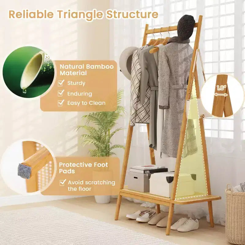 Portant à vêtements en bambou Costway avec tringle, étagère en rotin et 5 crochets en cuivre – café/naturel
