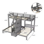Lit superposé Whisen double sur double et double avec tablette de rangement supérieure, escalier de rangement intégré et petits tiroirs - Gris