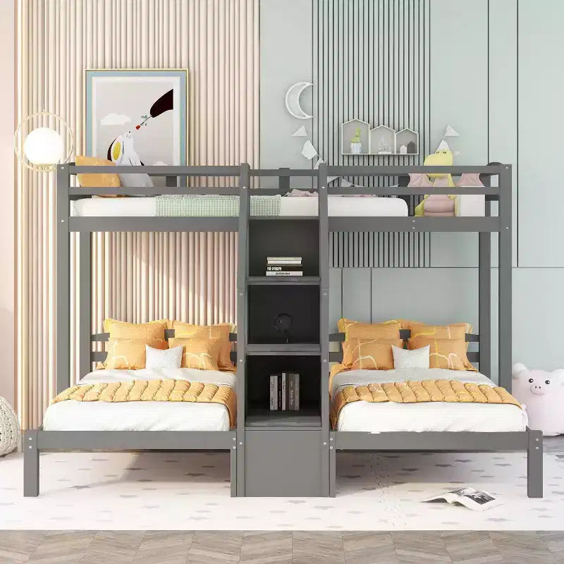 Lit superposé Whisen double sur double et double avec tablette de rangement supérieure, escalier de rangement intégré et petits tiroirs - Gris