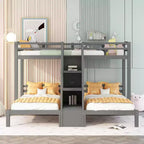 Lit superposé Whisen double sur double et double avec tablette de rangement supérieure, escalier de rangement intégré et petits tiroirs - Gris