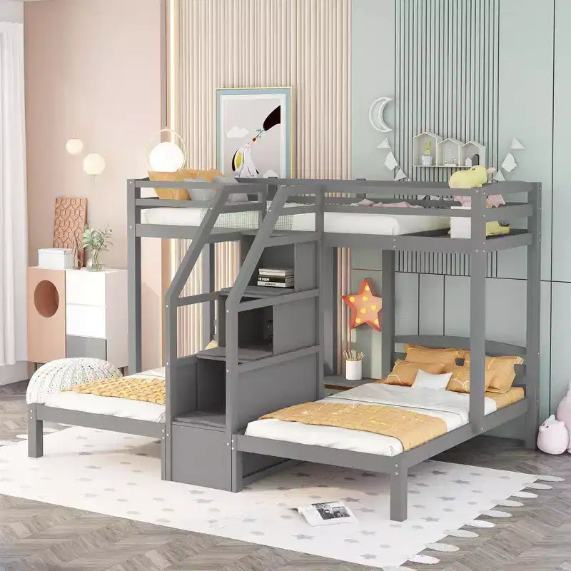 Lit superposé Whisen double sur double et double avec tablette de rangement supérieure, escalier de rangement intégré et petits tiroirs - Gris