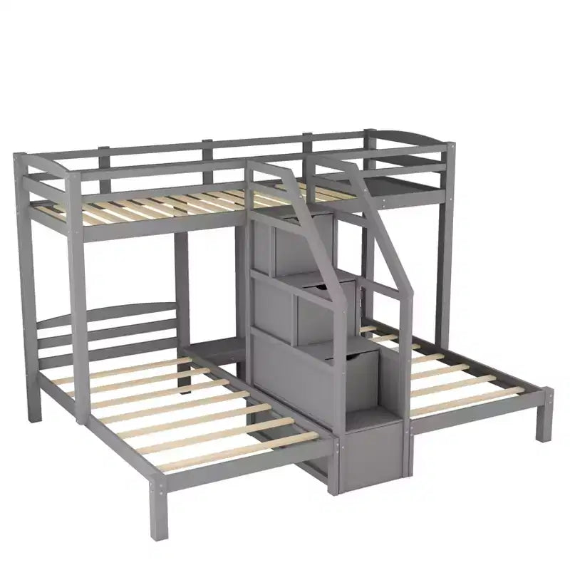 Lit superposé Whisen double sur double et double avec tablette de rangement supérieure, escalier de rangement intégré et petits tiroirs - Gris