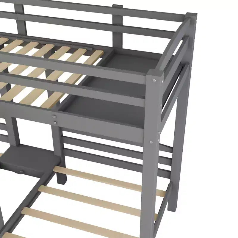 Lit superposé Whisen double sur double et double avec tablette de rangement supérieure, escalier de rangement intégré et petits tiroirs - Gris