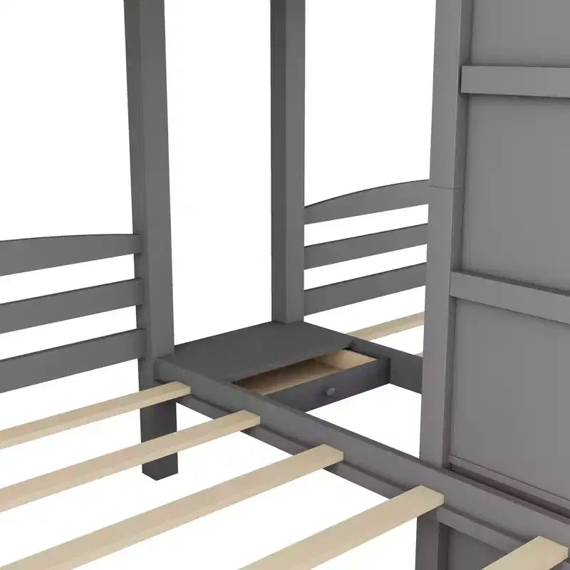 Lit superposé Whisen double sur double et double avec tablette de rangement supérieure, escalier de rangement intégré et petits tiroirs - Gris