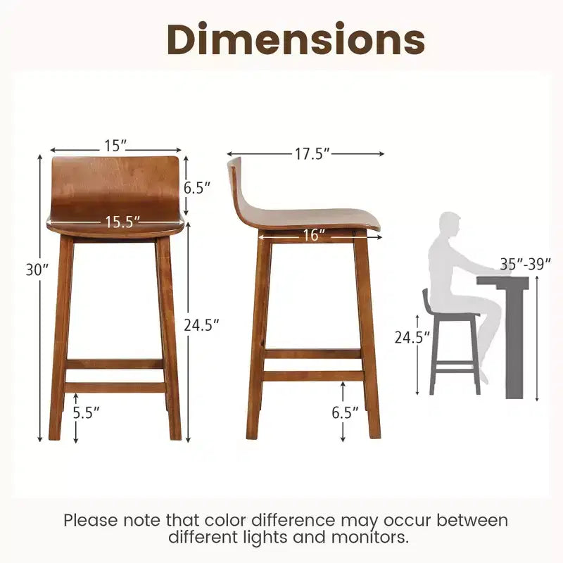 Tabourets de bar Costway 24,5 po en bois, lot de 2, avec dossier et assise solides, chaises de bar de style moderne, marron/noir/blanc