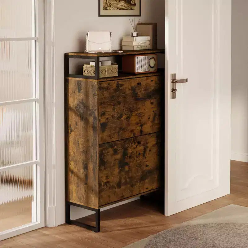 Meuble à Chaussures Mid-Century GARPROVM avec 2 Portes Basculantes et Étagères Amovibles Rangement Chaussures d'Entrée