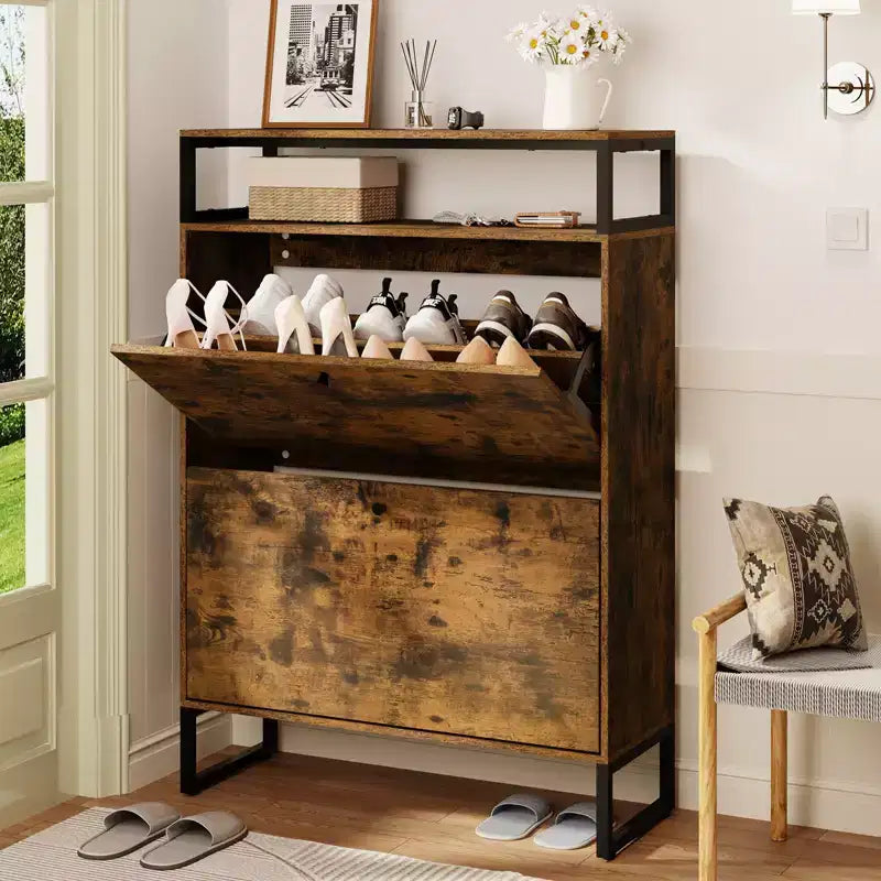 Meuble à Chaussures Mid-Century GARPROVM avec 2 Portes Basculantes et Étagères Amovibles Rangement Chaussures d'Entrée