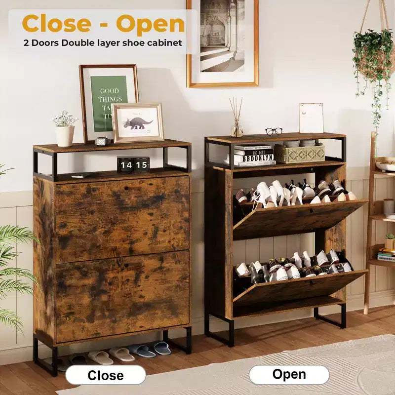 Meuble à Chaussures Mid-Century GARPROVM avec 2 Portes Basculantes et Étagères Amovibles Rangement Chaussures d'Entrée