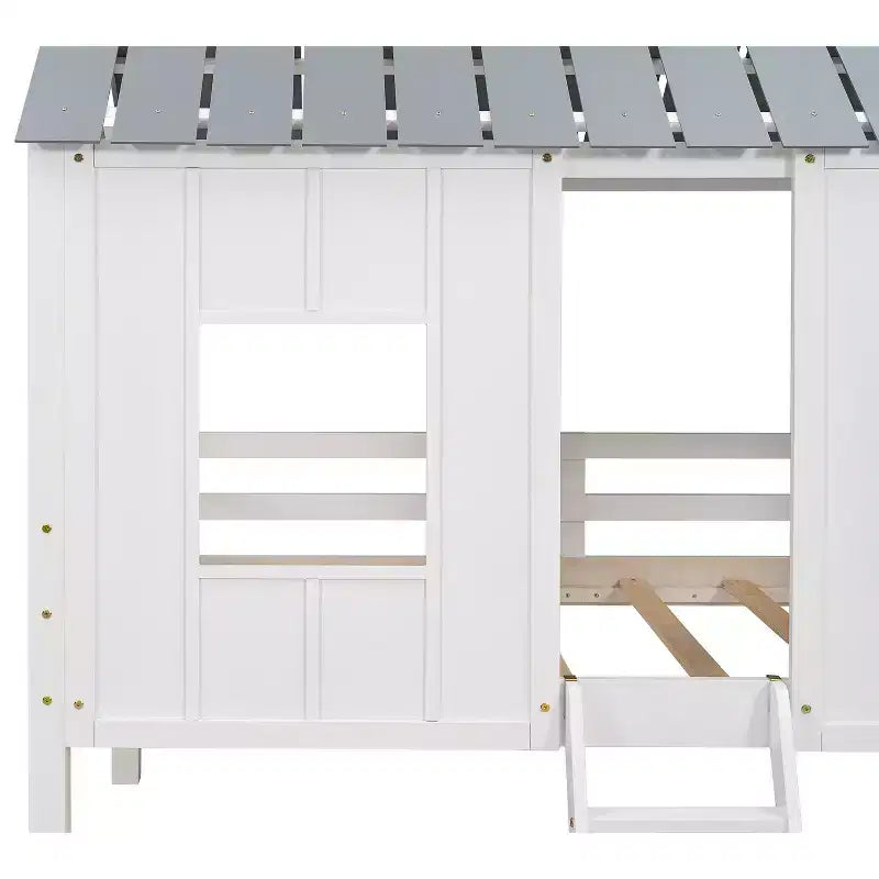 Whisen 80.4''L 45.2''W 71.4''H Lit mezzanine bas en forme de maison, taille double, avec toit et deux fenêtres frontales - Blanc