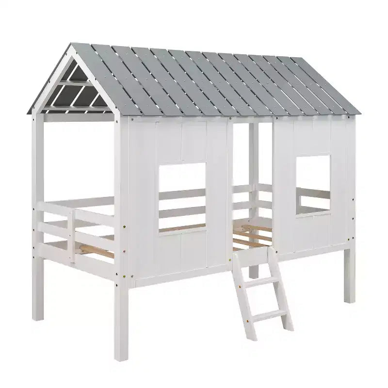 Whisen 80.4''L 45.2''W 71.4''H Lit mezzanine bas en forme de maison, taille double, avec toit et deux fenêtres frontales - Blanc