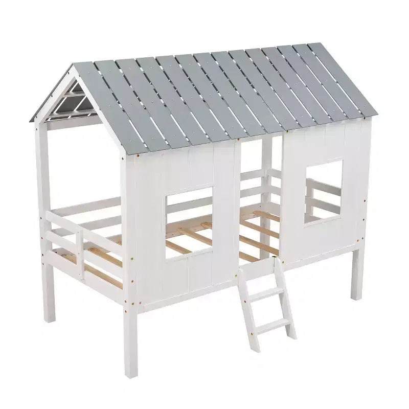 Whisen 80.4''L 45.2''W 71.4''H Lit mezzanine bas en forme de maison, taille double, avec toit et deux fenêtres frontales - Blanc