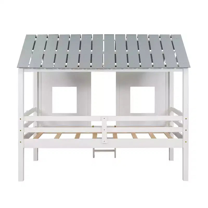 Whisen 80.4''L 45.2''W 71.4''H Lit mezzanine bas en forme de maison, taille double, avec toit et deux fenêtres frontales - Blanc