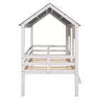 Whisen 80.4''L 45.2''W 71.4''H Lit mezzanine bas en forme de maison, taille double, avec toit et deux fenêtres frontales - Blanc