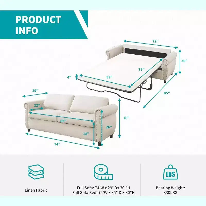 Mjkone Canapé-lit gigogne, Canapé-lit pleine grandeur avec matelas en mousse à mémoire de forme