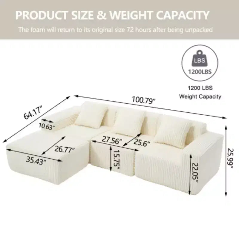 Canapé d'angle modulable moderne minimaliste, canapé nuage rembourré en forme de L avec assises profondes, méridienne à droite pour salon-Blanc