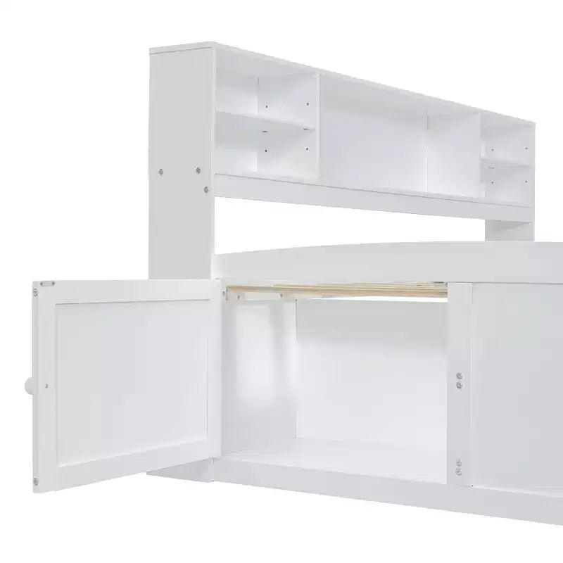 Lit de repos double Whisen en bois avec 2 armoires de chevet, étagères supérieures et 4 tiroirs