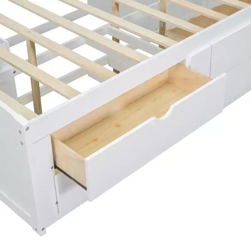 Lit de repos double Whisen en bois avec 2 armoires de chevet, étagères supérieures et 4 tiroirs