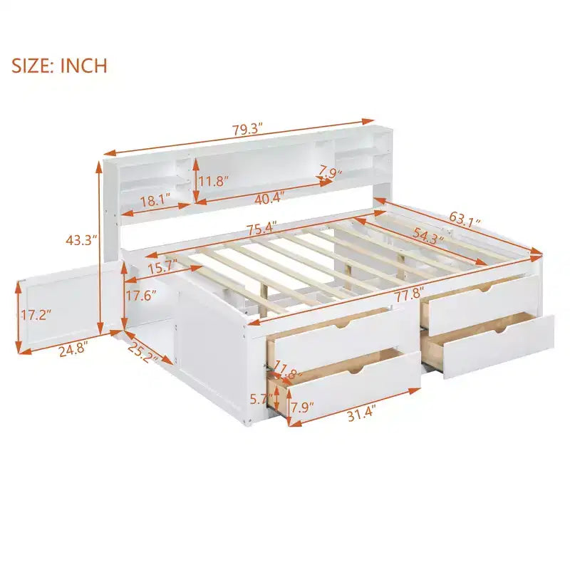 Lit de repos double Whisen en bois avec 2 armoires de chevet, étagères supérieures et 4 tiroirs