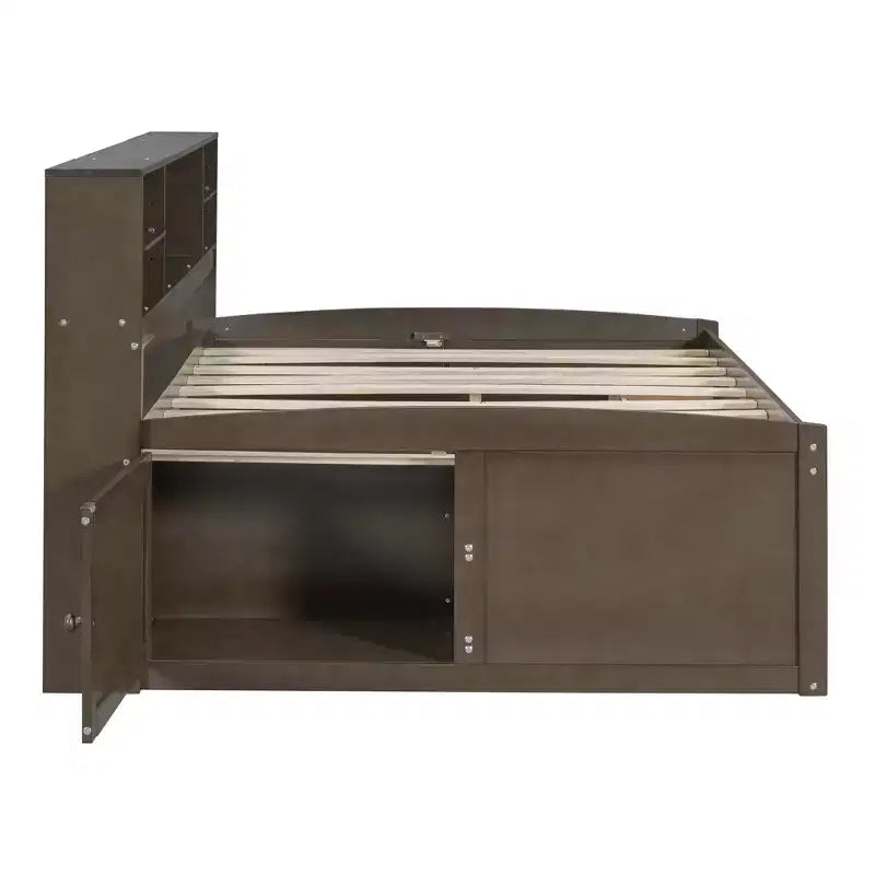 Lit de repos double Whisen en bois avec 2 armoires de chevet, étagères supérieures et 4 tiroirs