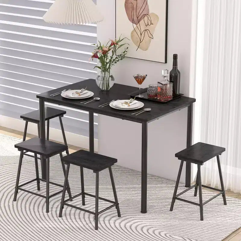 VECELO Ensemble Table et 4 Chaises de Salle à Manger, Meubles de Cuisine en Panneau MDF et Cadre Métallique Rectangulaire, Gain de Place, Noir/Marron/Chêne
