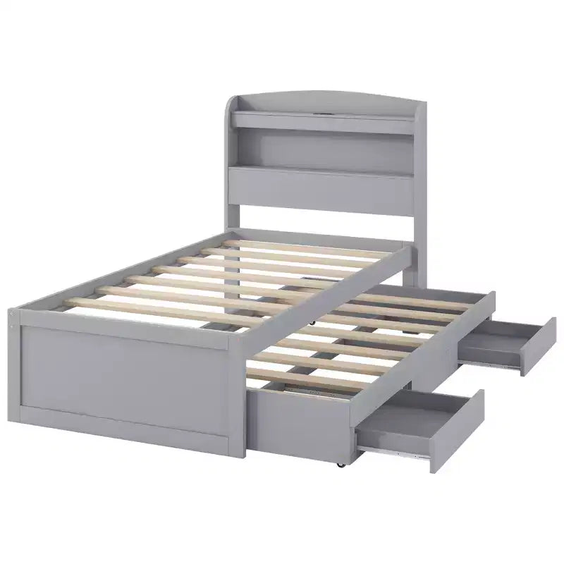 Lit plateforme Whisen Twin XL avec tête de lit LED de rangement, station de charge, lit gigogne simple et 2 tiroirs