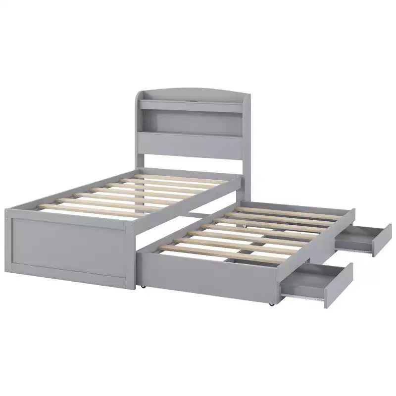 Lit plateforme Whisen Twin XL avec tête de lit LED de rangement, station de charge, lit gigogne simple et 2 tiroirs