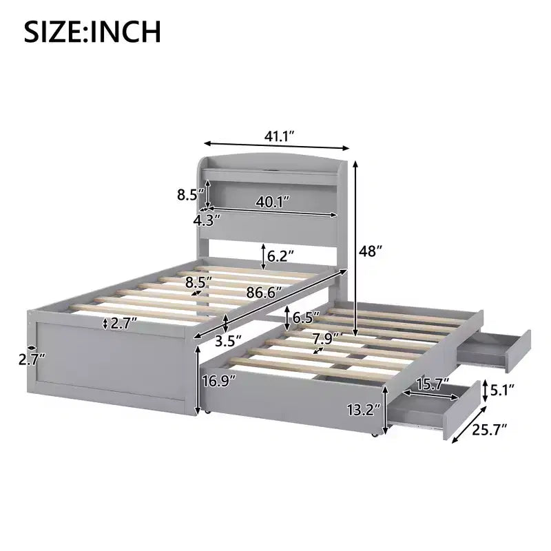 Lit plateforme Whisen Twin XL avec tête de lit LED de rangement, station de charge, lit gigogne simple et 2 tiroirs