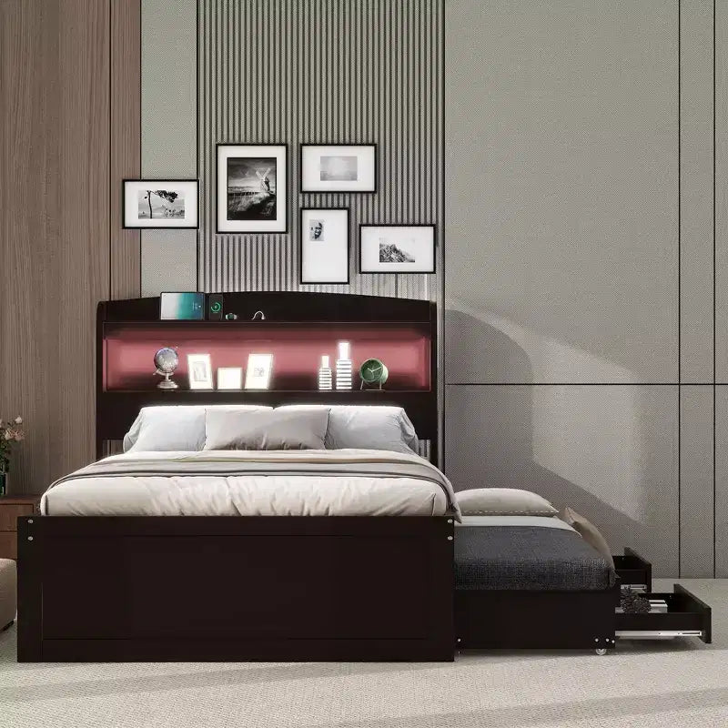 Lit plateforme Whisen Twin XL avec tête de lit LED de rangement, station de charge, lit gigogne simple et 2 tiroirs