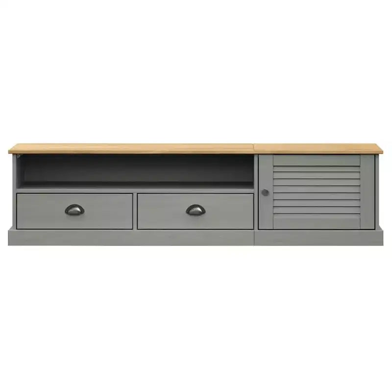 vidaXL Meuble TV VIGO en pin massif - Console média grise avec tiroirs, meuble de divertissement et portes à persiennes pour salon