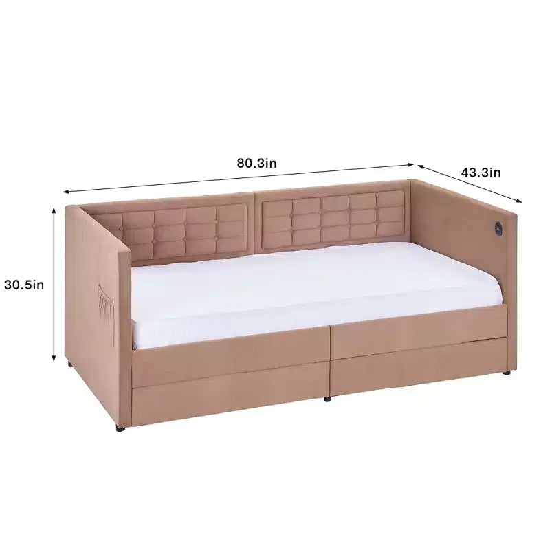 Lit de repos VECELO double avec tiroirs de rangement, lit de repos rembourré avec tête de lit capitonnée pour salon/chambre à coucher, ports USB et USB-C intégrés, marron