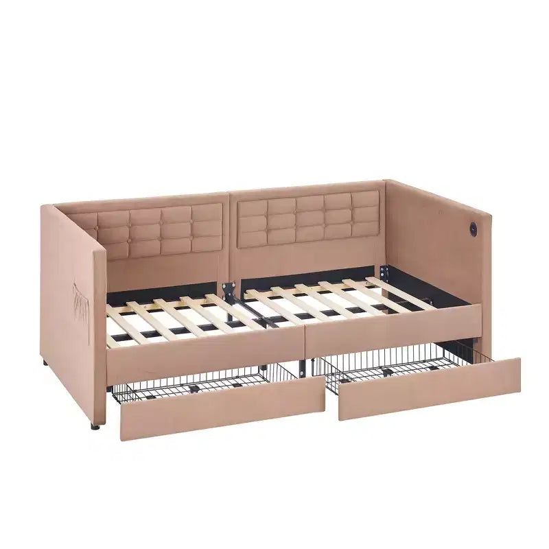 Lit de repos VECELO double avec tiroirs de rangement, lit de repos rembourré avec tête de lit capitonnée pour salon/chambre à coucher, ports USB et USB-C intégrés, marron
