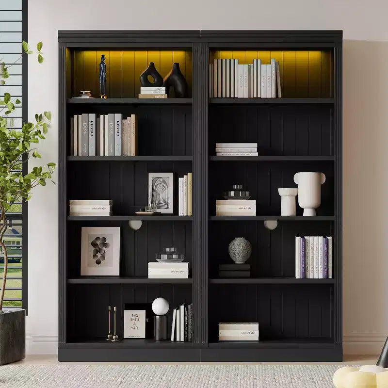 Bibliothèque en bois de 211,8 cm avec bande LED, étagères réglables à 5 niveaux et organisateur de rangement pour salon et bureau à domicile - ModernLuxe