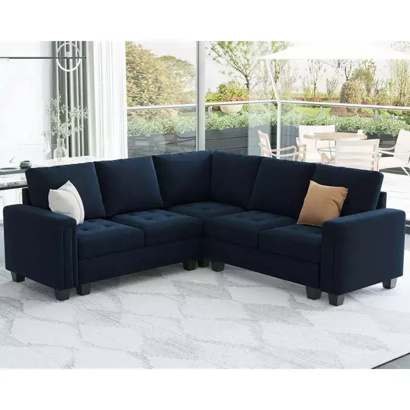 Canapé d'angle en velours capitonné modulaire en forme de L 4 places Belffin