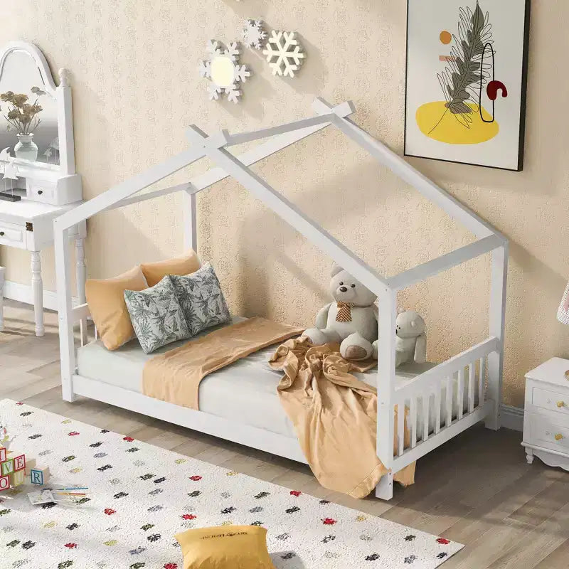 Lit plateforme double/grand, cadre de lit de jeu en bois en forme de maison avec tête de lit, pied de lit et design de toit - ModernLuxe