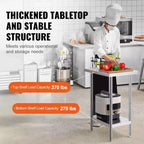 Table de préparation en acier inoxydable VEVOR, 61 x 46 x 86 cm, capacité de charge de 290 kg, table de travail métallique robuste avec 3 niveaux de hauteur réglables
