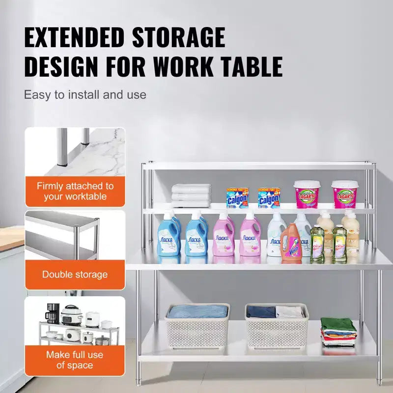 VEVOR Double Étagère supérieure, Double Étagère supérieure en Acier Inoxydable, Étagère supérieure à Double Niveau de 30,5 x 182,9 cm, Étagère supérieure de Table de Préparation Réglable en Hauteur