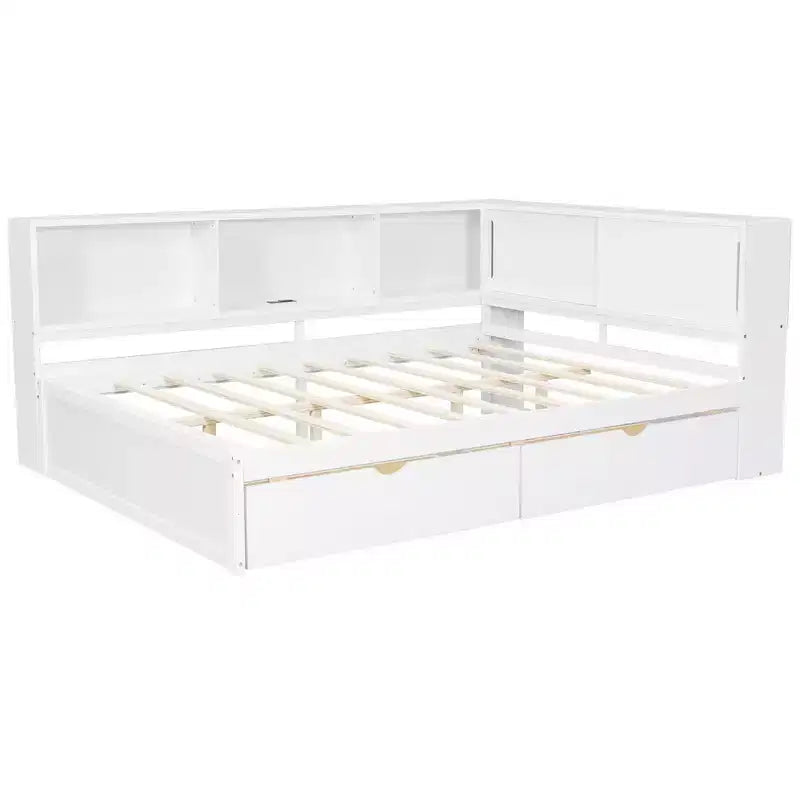 Lit de jour double en bois Whisen avec étagères de rangement, USB, LED et lit gigogne