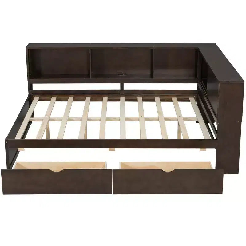 Lit de jour double en bois Whisen avec étagères de rangement, USB, LED et lit gigogne