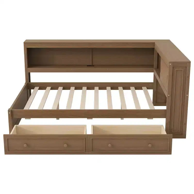 Lit de jour double en bois Whisen avec étagères de rangement, USB, LED et lit gigogne