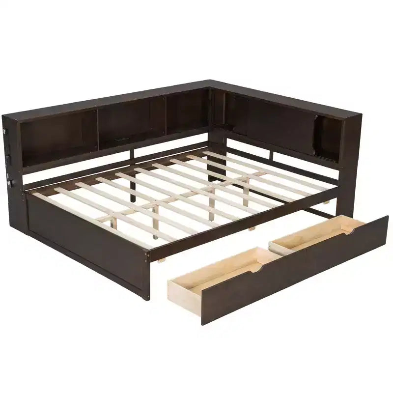 Lit de jour double en bois Whisen avec étagères de rangement, USB, LED et lit gigogne