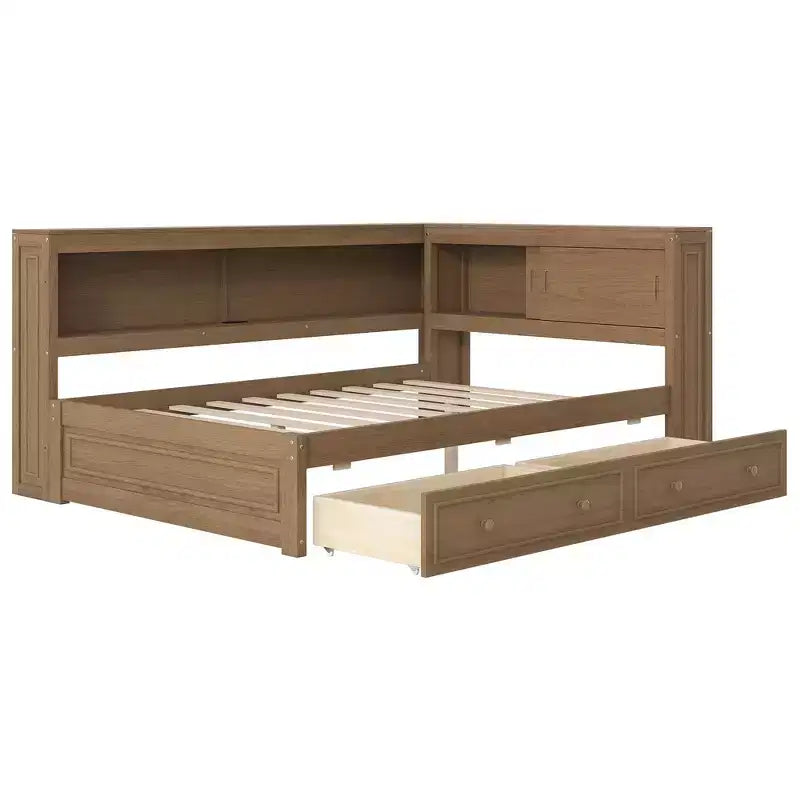 Lit de jour double en bois Whisen avec étagères de rangement, USB, LED et lit gigogne