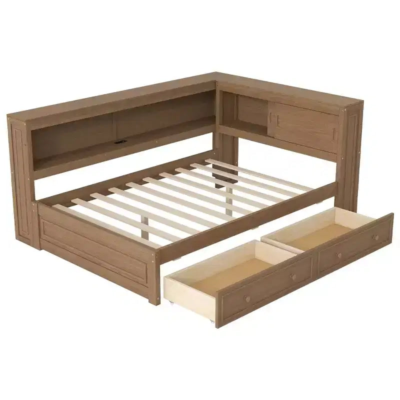 Lit de jour double en bois Whisen avec étagères de rangement, USB, LED et lit gigogne