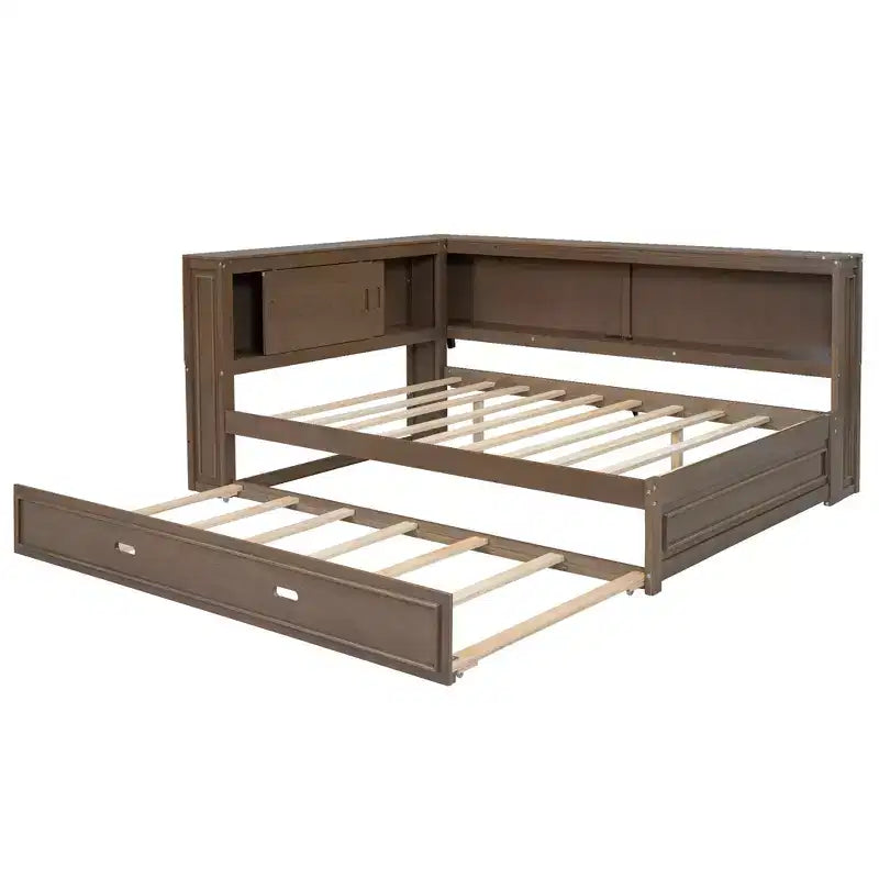 Lit de jour double en bois Whisen avec étagères de rangement, USB, LED et lit gigogne