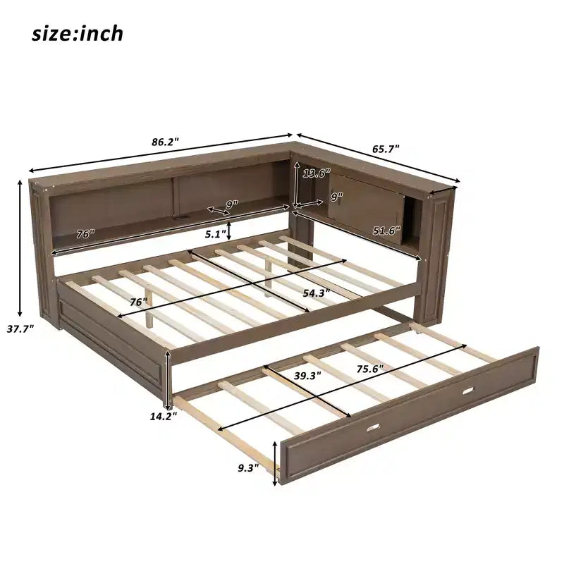 Lit de jour double en bois Whisen avec étagères de rangement, USB, LED et lit gigogne
