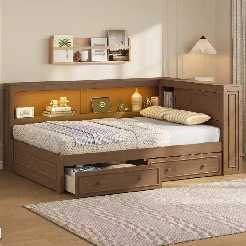 Lit de jour double en bois Whisen avec étagères de rangement, USB, LED et lit gigogne