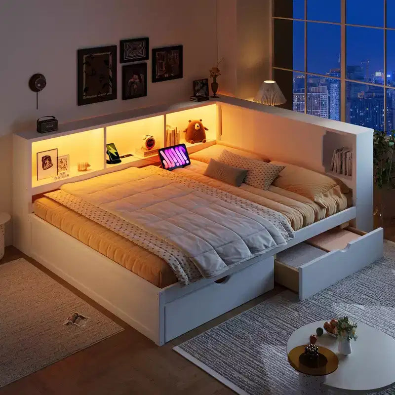 Lit de jour double en bois Whisen avec étagères de rangement, USB, LED et lit gigogne