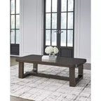 Table basse rectangulaire moderne Breckington Signature Design by Ashley avec bord en bois massif, brun foncé