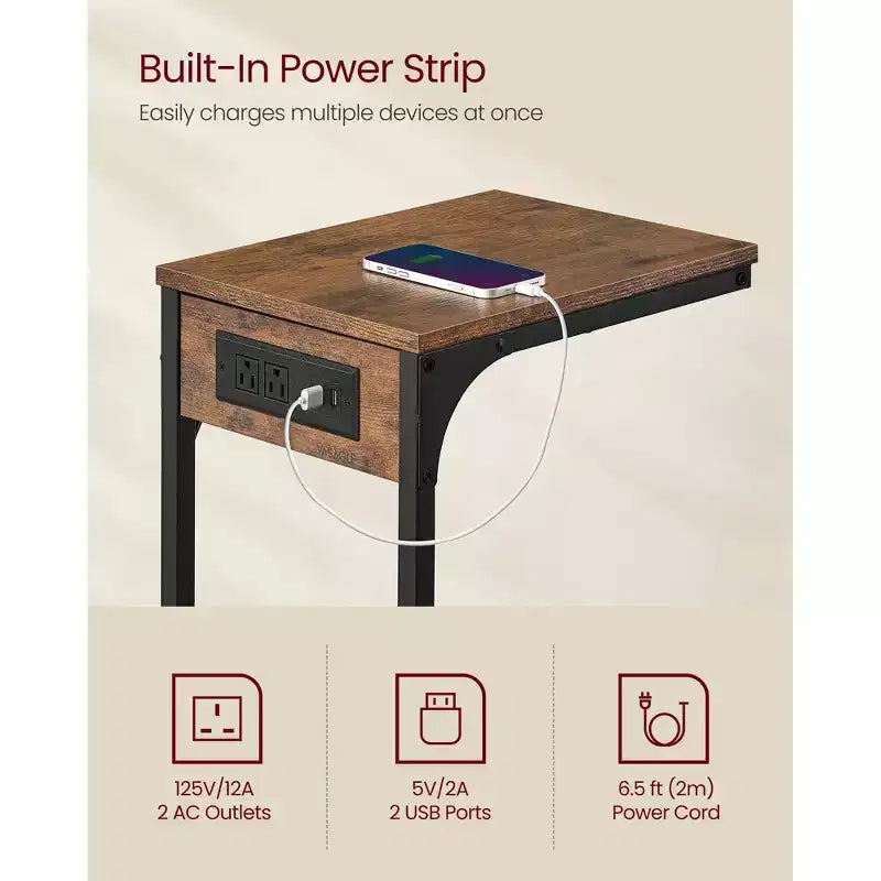 Table d'appoint en forme de C brun rustique - Table de chevet avec station de charge (2 ports USB et prises). Pieds réglables, idéale pour le canapé