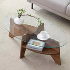 Table basse en verre, table basse ronde, table basse ovale, table d'appoint, table de canapé avec pieds en éventail diagonal, noyer/naturel-ModernLuxe