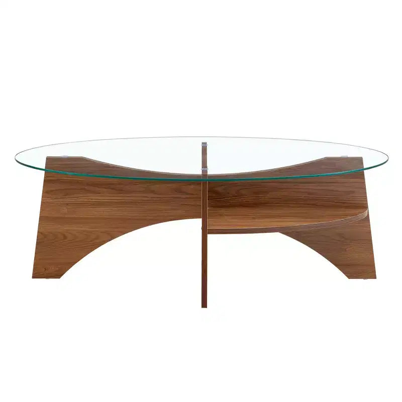 Table basse en verre, table basse ronde, table basse ovale, table d'appoint, table de canapé avec pieds en éventail diagonal, noyer/naturel-ModernLuxe